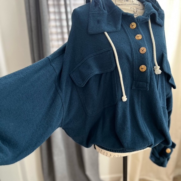 Free People Beach Women's Navy Blue oversized Henley sweatshirt pullover - Picture 4 of 12